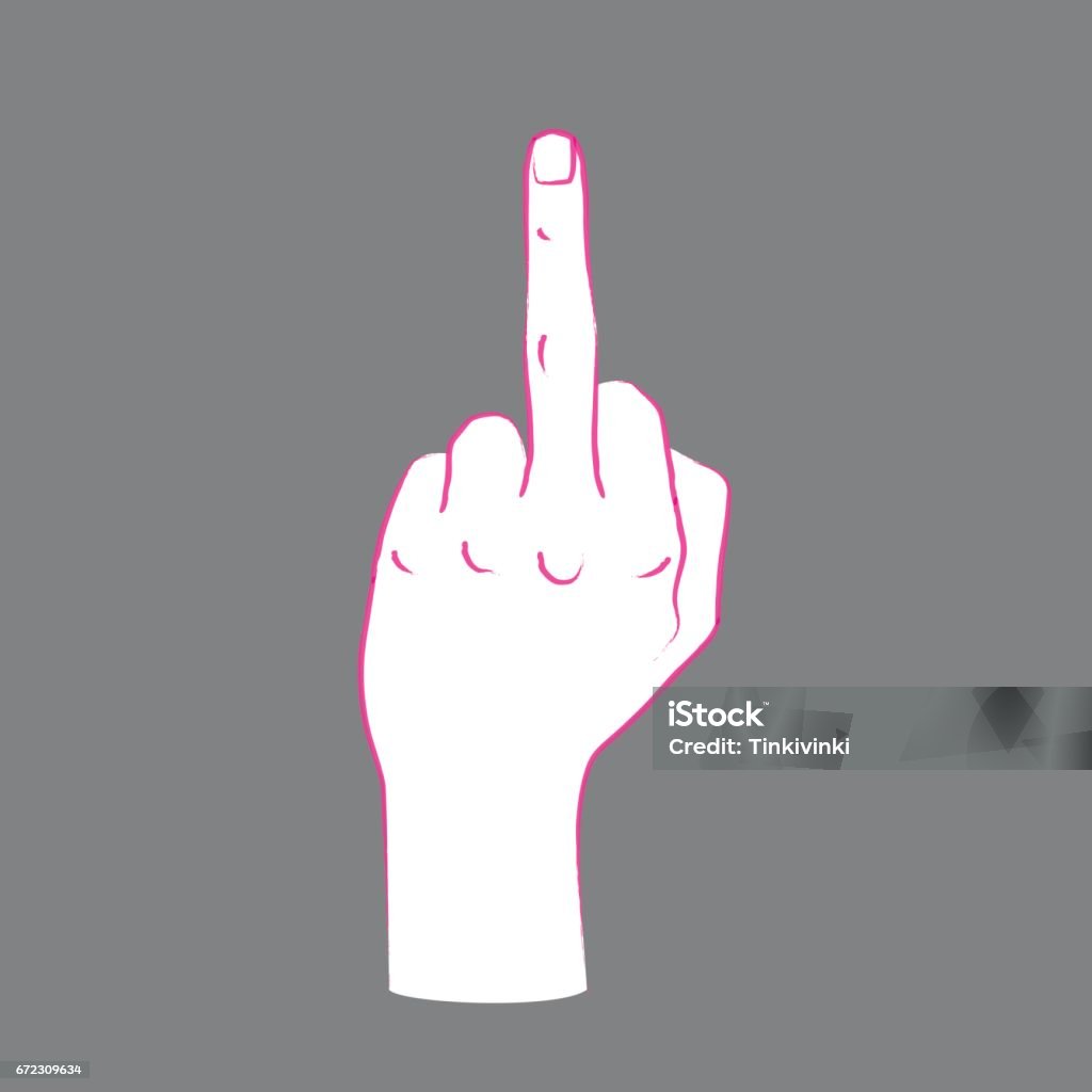 Gesture. Rude sign. Female hand with middle finger up. Gesture. Rude sign. Female hand with middle finger up. Vector illustration in sketch style isolated on a grey background. Making aggression signal by hand. Pink lines and white silhouette. Obscene Gesture stock vector