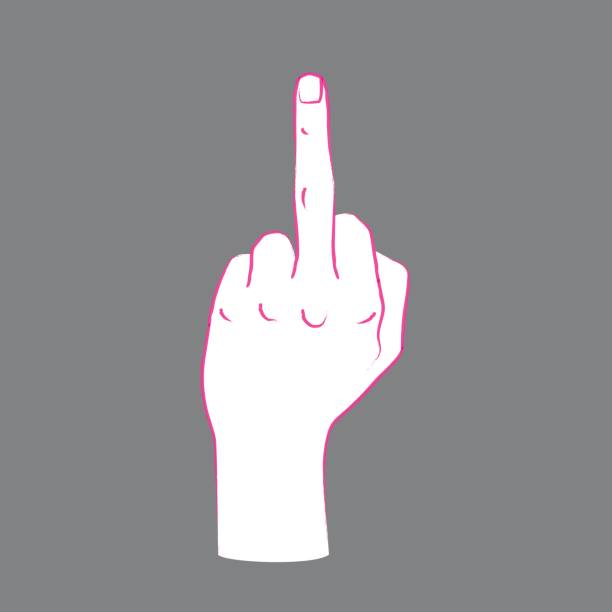 Gesture. Rude sign. Female hand with middle finger up. Gesture. Rude sign. Female hand with middle finger up. Vector illustration in sketch style isolated on a grey background. Making aggression signal by hand. Pink lines and white silhouette. obscene gesture stock illustrations