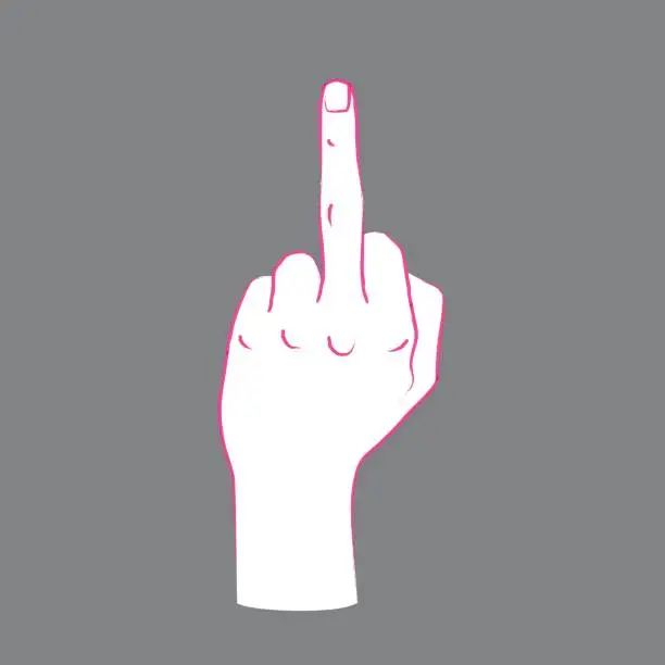 Vector illustration of Gesture. Rude sign. Female hand with middle finger up.