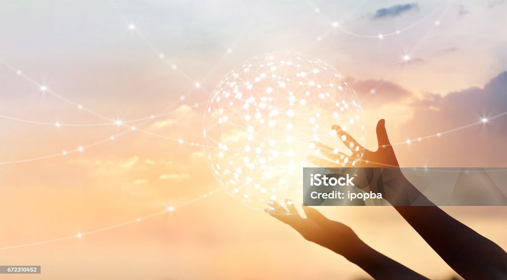 Abstract science, circle global network connection in hands on sunset background Hope - Concept Stock Photo