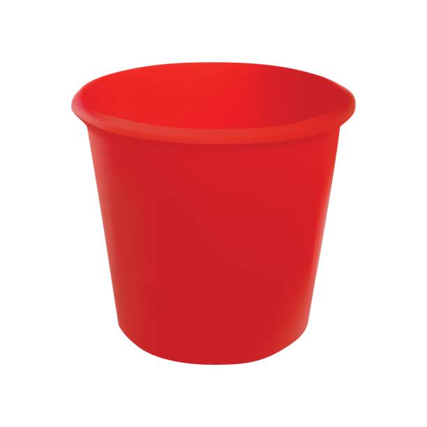 istock Vector illustration realistic red plastic bucket. Isolated white background. A bucketful for washing food, water and drink. Household chores pail 672312924