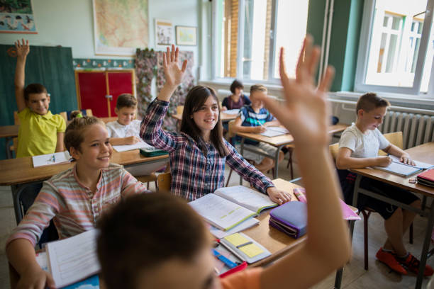 istock Happy schoolgirl with raised hand during the lecture. 672314624
