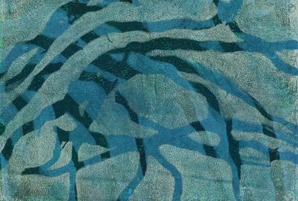 An handmade print created using a monoprint technique. There is a grungy texture throughout the painting with layers of lines. The prominent colors are shades of green and blue mixed media on paper.