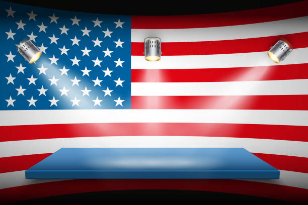 istock Flag of USA and platform with spotlights 672321038