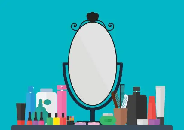 Vector illustration of Makeup cosmetics accessories and mirror on table. vector illustration flat design beauty cosmetics concept.