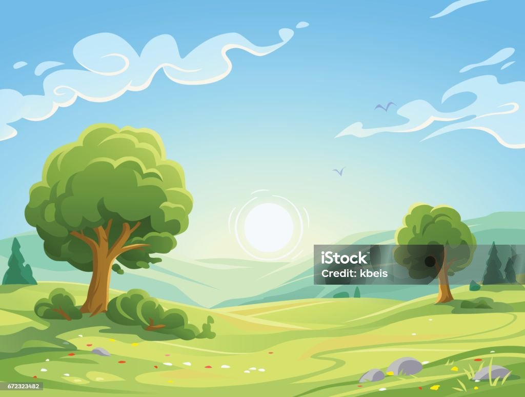 Morning Landscape Vector illustration of a sunrise over a beautiful rural landscape with trees, bushes, hills and green meadows. Illustration with space for text. Landscape - Scenery stock vector