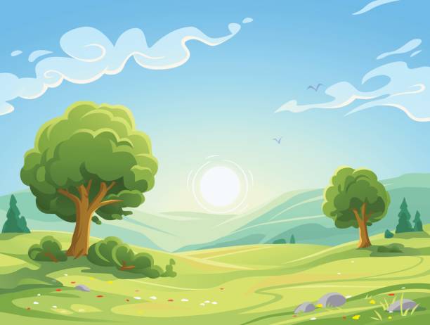 Morning Landscape Vector illustration of a sunrise over a beautiful rural landscape with trees, bushes, hills and green meadows. Illustration with space for text. scenics nature illustrations stock illustrations