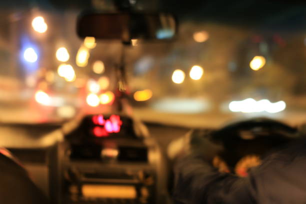 istock Night road view from inside car natural light street 672323972