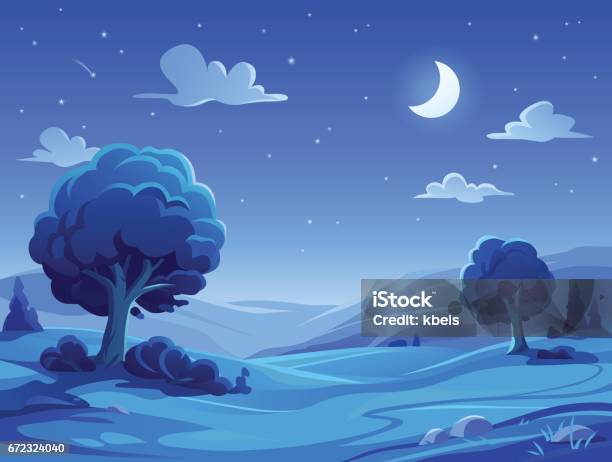 Ночной Пейзаж — стоковая векторная графика и другие изображения на тему Ночь - Ночь, Небо, Комикс