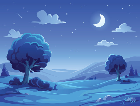 Vector illustration of a beautiful rural landscape with trees, bushes, hills and green meadows at night. In the sky are stars, clouds and a full moon.