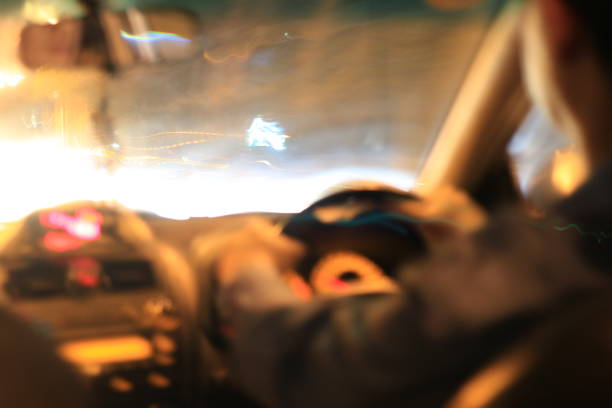 istock Night road view from inside car natural light street 672324158