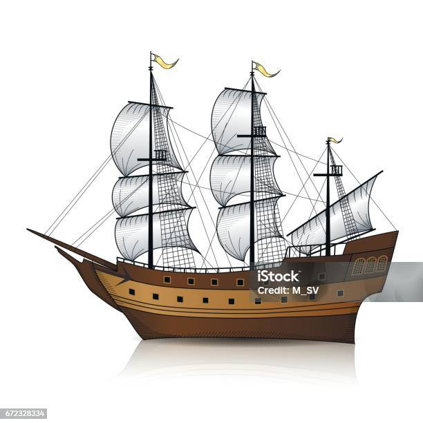 Vintage Sailing Ship With Reflection Stock Illustration - Download Image Now - Adventure, Antique, Black Color