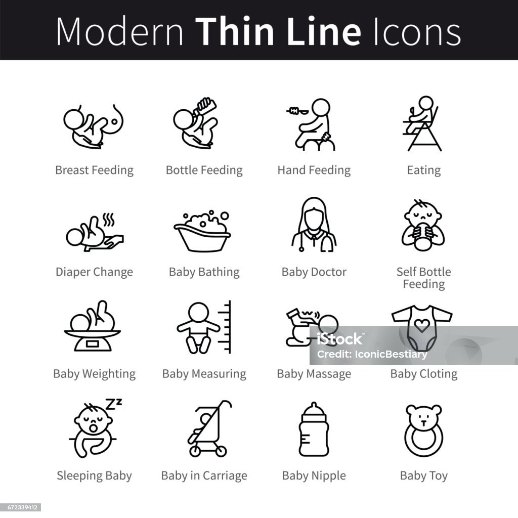 Child nursing on early development stages Newborn babies care and feeding, breast of bottle. Child nursing on early development stages. Thin line art icons set. Linear style illustrations isolated on white. Icon Symbol stock vector