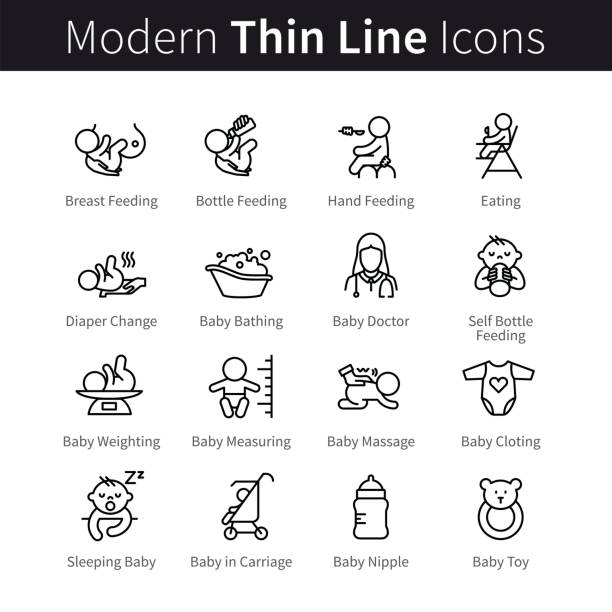 Child nursing on early development stages Newborn babies care and feeding, breast of bottle. Child nursing on early development stages. Thin line art icons set. Linear style illustrations isolated on white. todler care stock illustrations