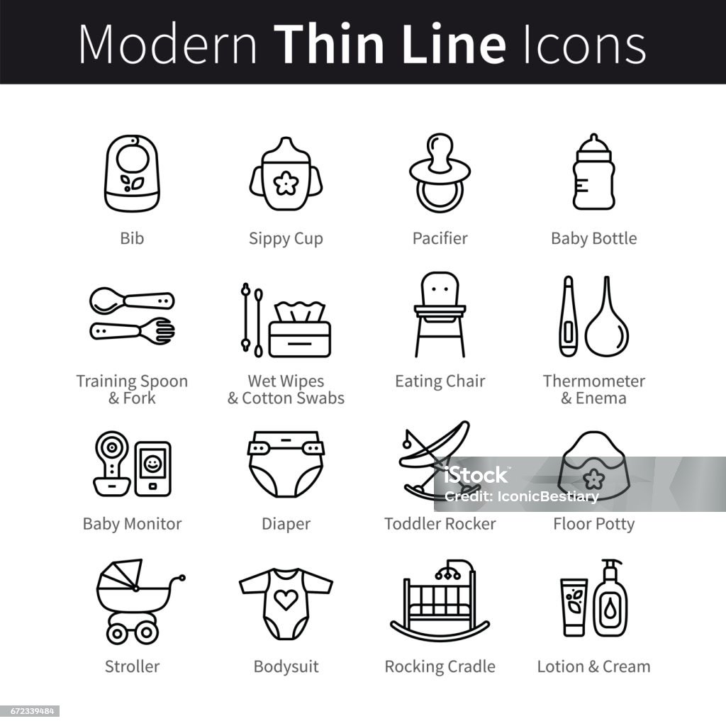 Baby nursing and health care products icons Baby nursing and health care products thin line art icons. Newborn toddler care, hygiene. Linear style illustrations isolated on white. Icon Symbol stock vector