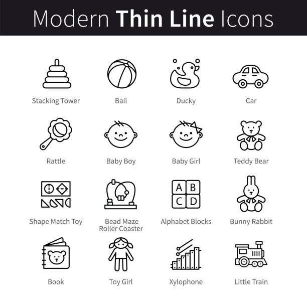 Baby products and games thin line art icons Baby products and games thin line art icons. Toddler educational toys like shape match, bead maze and simple rattle. Linear style illustrations isolated on white. kids cleaning up toys stock illustrations