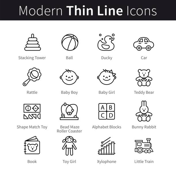 Baby products and games thin line art icons Baby products and games thin line art icons. Toddler educational toys like shape match, bead maze and simple rattle. Linear style illustrations isolated on white. school cleaning stock illustrations
