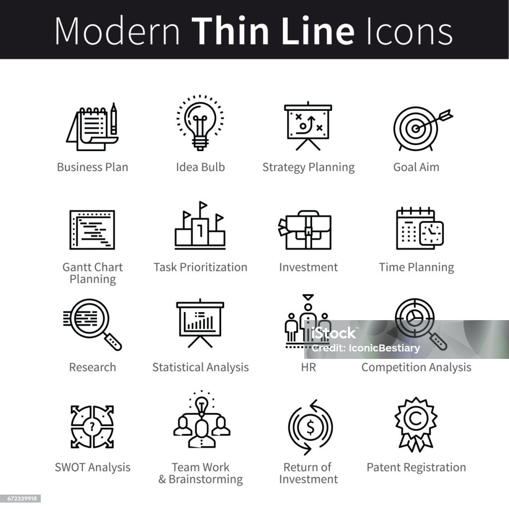 Business planning, goal setting, time management Business planning concept. Goal setting, prioritisation, time management, statistics and human resources. Modern thin line art icons. Linear style illustrations isolated on white. Intellectual Property stock vector