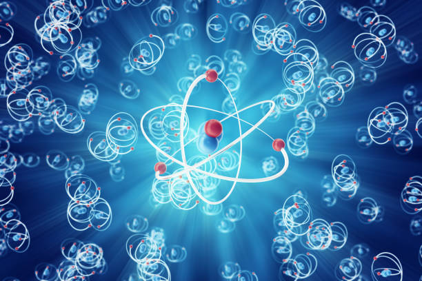 istock Abstract atom background, digital illustration of atom. Glowing energy balls. Abstract atom close-up as a scientific background, 3d rendering 672340006