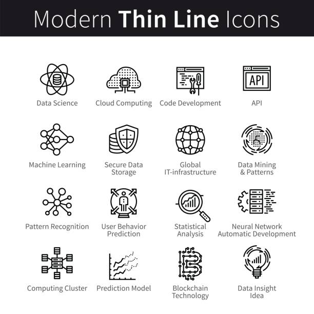 Computer science, IT and software development Computer science and software development. IT industry, code programming and computing technologies concept. Modern thin line art icons. Linear style illustrations isolated on white. programming icon vector stock illustrations