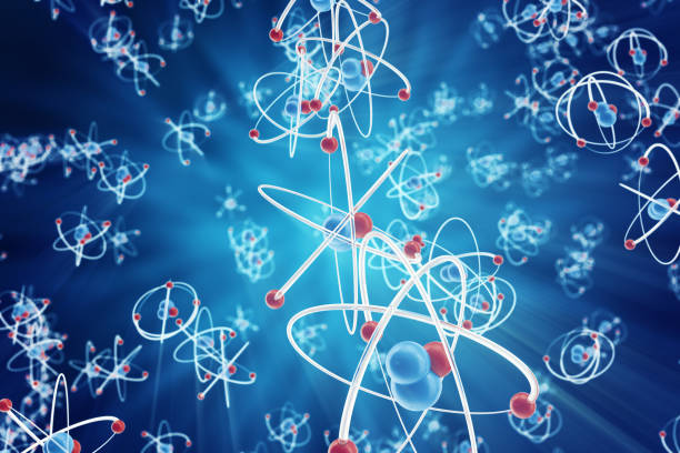 istock Abstract atom background, digital illustration of atom. Glowing energy balls. Abstract atom close-up as a scientific background, 3d rendering 672340026