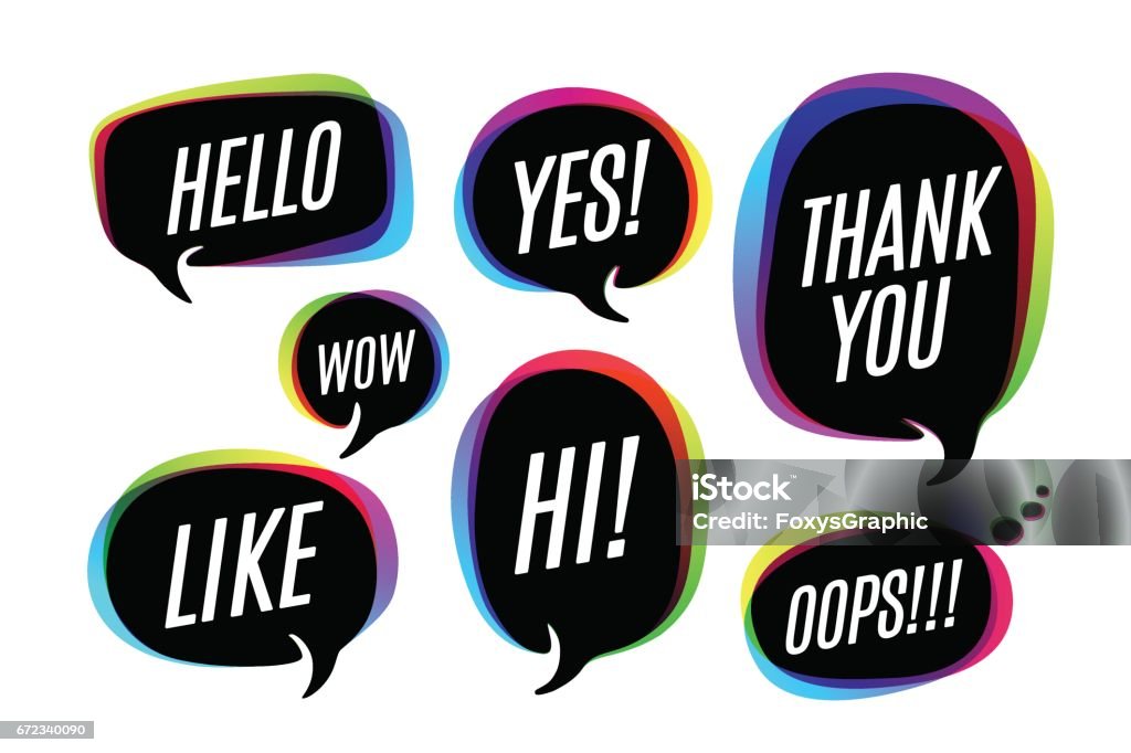 Set of colorful bubbles, icons or cloud talk with text Set of colorful bubbles, icons or cloud talk with text Hello, Yes, Wow, Like, Hi, Thank You, Oops. Bubbles different shapes for web, social network, message and discussion themes. Vector Illustration Bubble stock vector