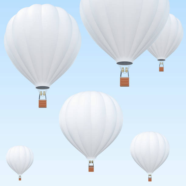 istock Hot Air balloons, white hot air balloons with basket on sky background. 3d rendering 672340340