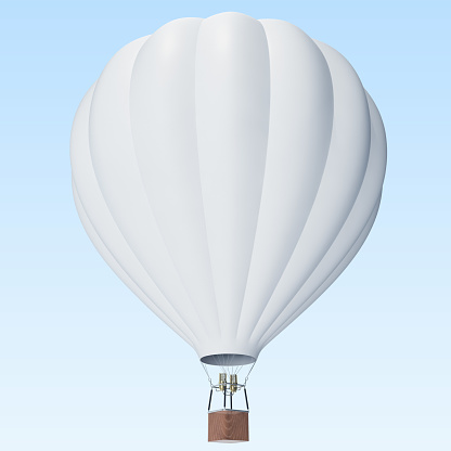 White hot air balloon on clouds background with basket, 3d rendering