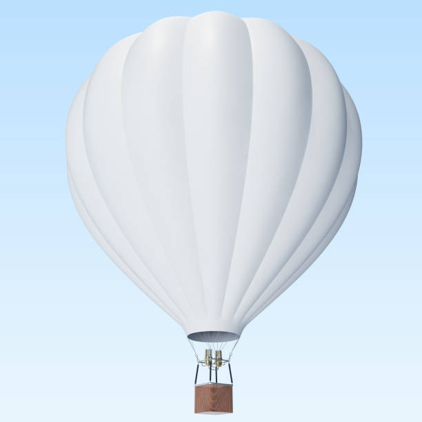 White hot air balloon on clouds background with basket. 3d rendering stock photo