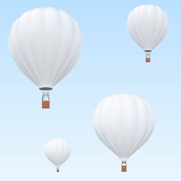 istock Hot Air balloons, white hot air balloons with basket on sky background. 3d rendering 672340344