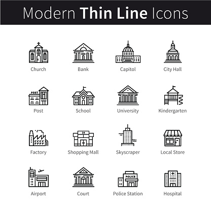 Set of public, government and commercial city buildings and institutions. thin black line art icons. Linear style illustrations isolated on white.