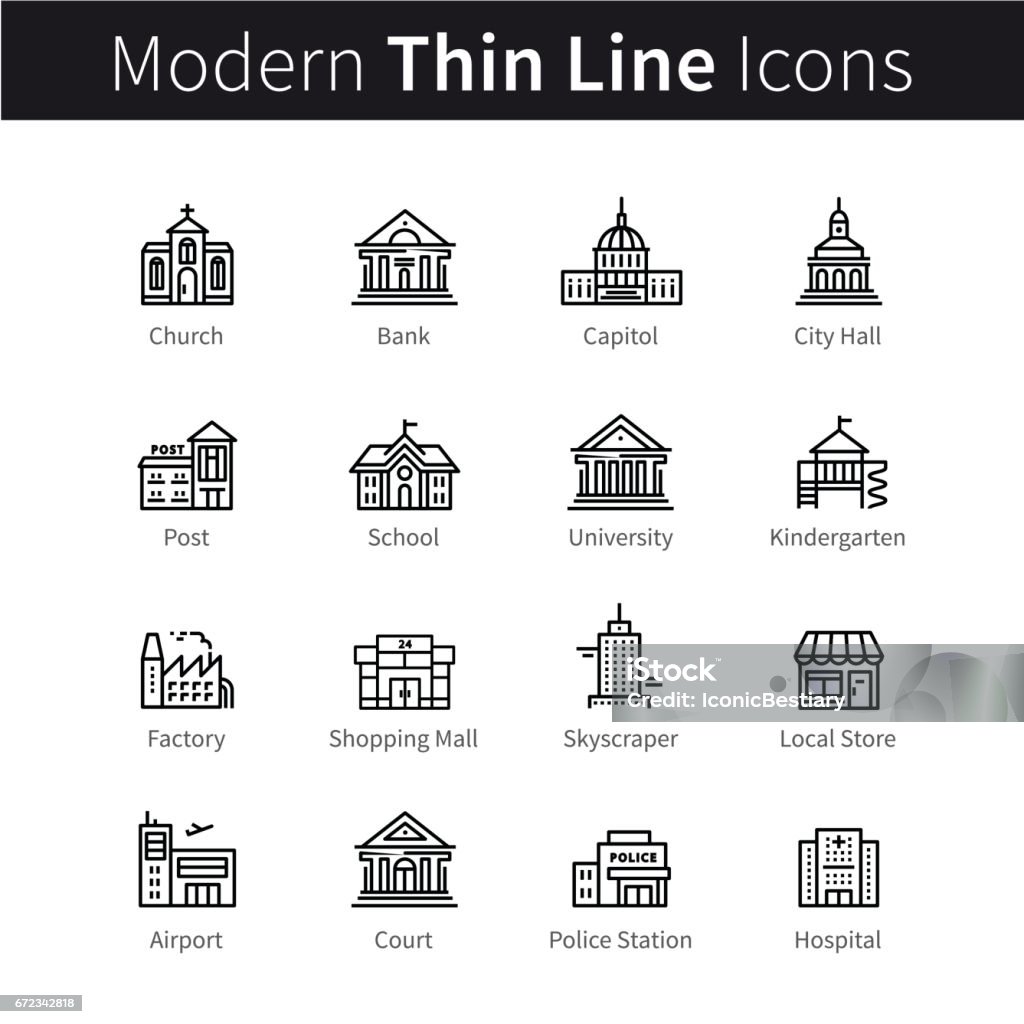 Public, government and commercial city buildings Set of public, government and commercial city buildings and institutions. thin black line art icons. Linear style illustrations isolated on white. Government Building stock vector