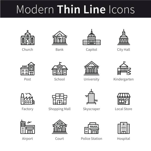 Public, government and commercial city buildings Set of public, government and commercial city buildings and institutions. thin black line art icons. Linear style illustrations isolated on white. civic center park stock illustrations