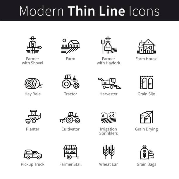 Farming and agriculture life concept Farming and agriculture life concept. Harvester trucks, tractors, farmers and village farm buildings. thin black line art icons. Linear style illustrations isolated on white. silo bag stock illustrations