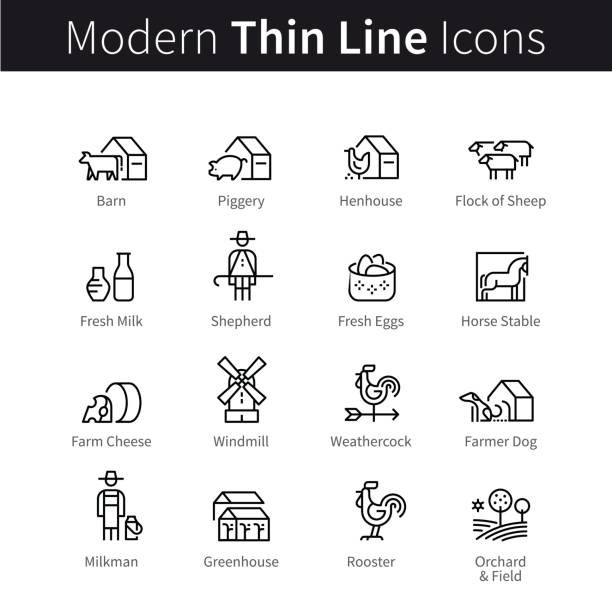 Set of domestic and farm animals. Farming icons Set of domestic and farm animals. Farming and agriculture signs. thin black line art icons. Linear style illustrations isolated on white. farmer icons stock illustrations