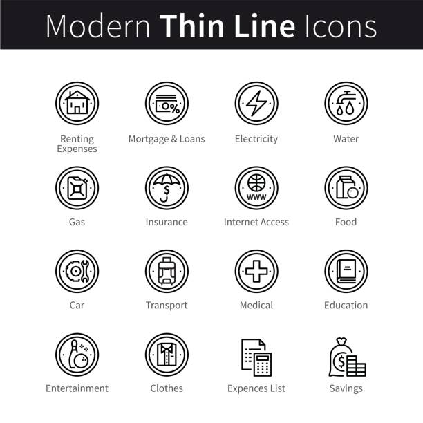 Everyday expenses, family savings and budget Everyday and monthly expenses, family savings and budget. thin black line art icons. Linear style illustrations isolated on white. impulse shopping stock illustrations