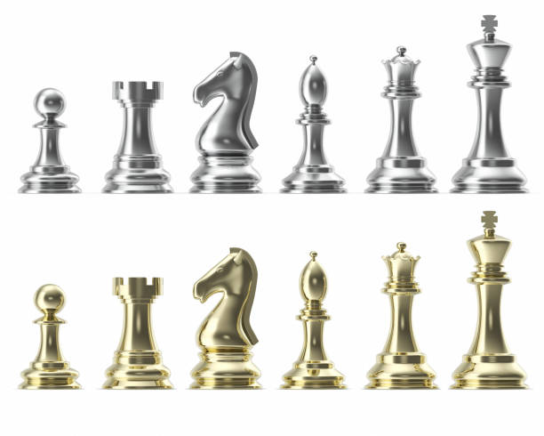 istock Silver and gold set of icons for chess, on white background, intelligent game, 3d rendering 672343836