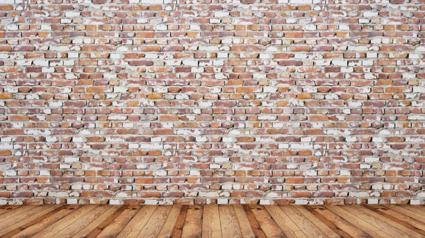 istock Old brick wall and wood floor, empty perspective room 672346932