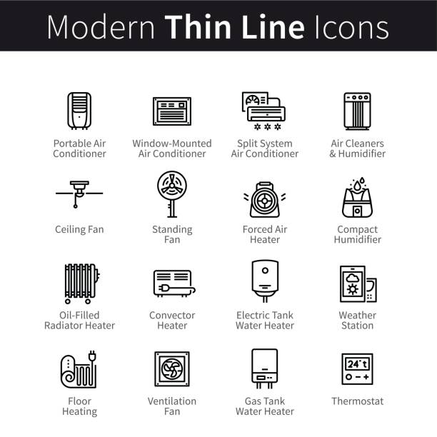 Heating, ventilation, air conditioning devices set HVAC - heating, ventilation and air conditioning devices set. Home cooling and humidifying appliances. thin black line art icons. Linear style illustrations isolated on white. electric heater stock illustrations