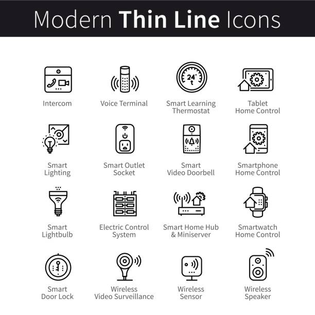 illustrazioni stock, clip art, cartoni animati e icone di tendenza di dispositivi per la casa intelligente, set internet of things - surveillance equipment