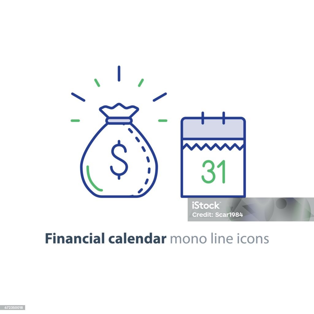 Payment day, finance calendar icon, income dividend, long term investment Financial calendar, annual payment day, monthly budget planning, fixed period concept, loan duration, vector mono line icons Money Bag stock vector
