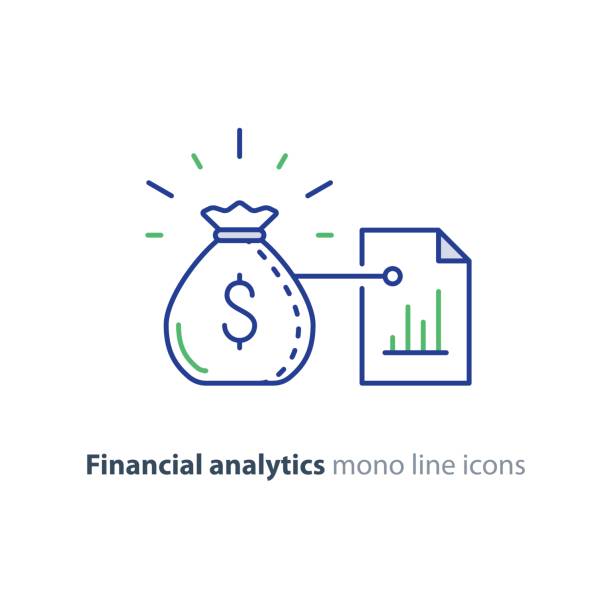 Finance advisor services, financial report, performance graph analytics Financial analytics, budget planning, finance management, investment advisor concept, paper graph report, chart list, vector mono line icons money bag infographic stock illustrations