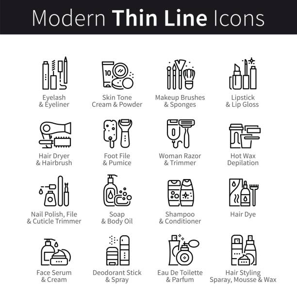 Woman beauty salon collection, tools and cosmetics Woman beauty salon collection. Tools, supplies, cosmetics, and equipment for hairdo, makeup and manicure. Thin black line art icons. Linear style illustrations isolated on white. eyeliner brush stock illustrations