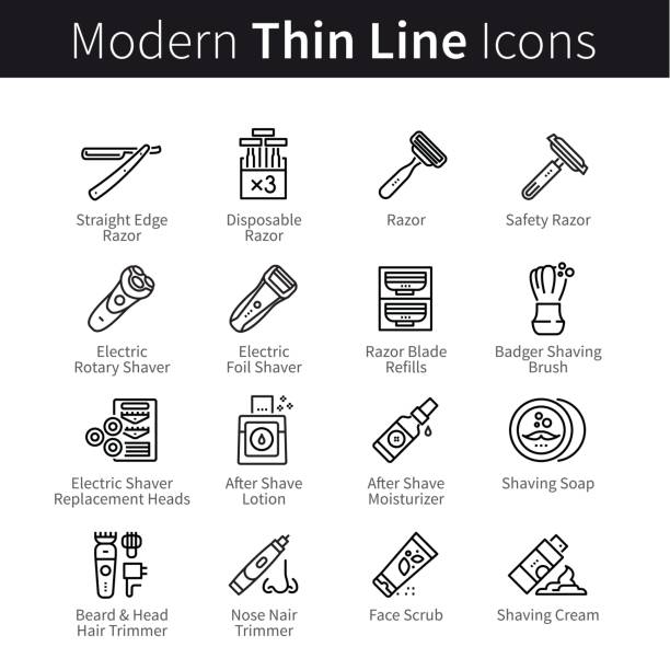 férfi borbély bolt szett. szerszámok, kellékek és berendezések - borotva témájú stock illusztrációk