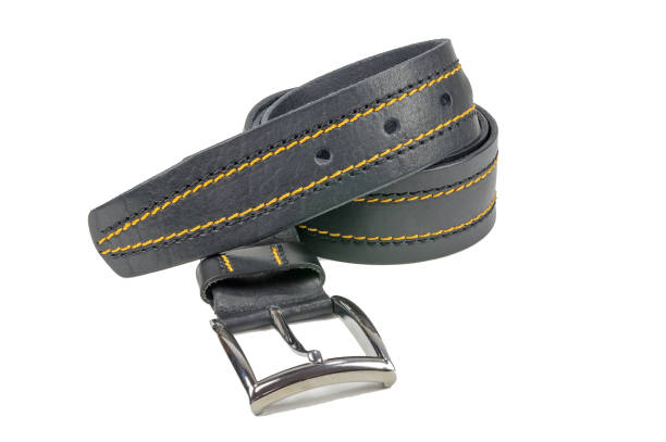 istock Collapsed trouser belt, black stitched with yellow thread. 672355040