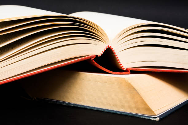 istock Vintage old open book on black background 672358454
