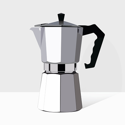Traditional Italian style coffee maker. Vector realistic moka pot icon. Retro espresso machine symbol design. Vintage object 3d illustration
