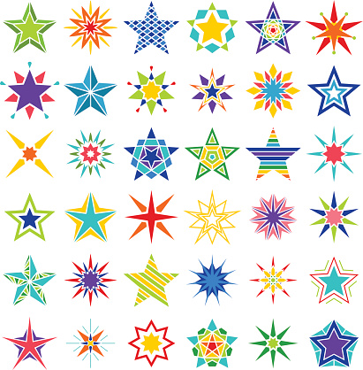 Kaleidoscope stars. Vector crazy multicolor star set isolated on white background