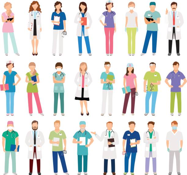 illustrazioni stock, clip art, cartoni animati e icone di tendenza di medici e infermieri di sesso femminile e maschile - doctor healthcare and medicine human resources teamwork