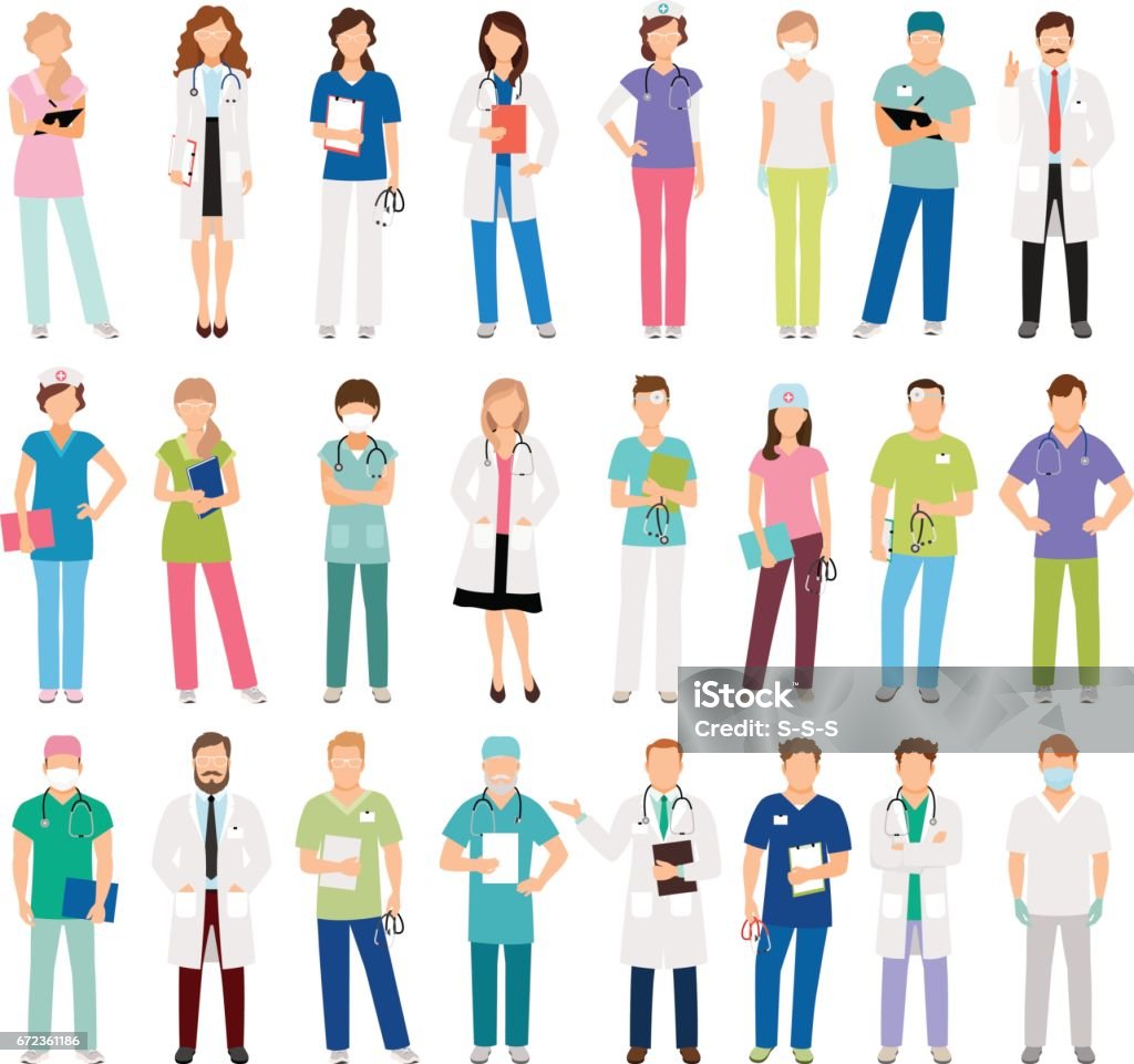 Female and male doctors and nurses Female and male doctors and women and man nurse set vector illustration. Vector healthcare hospital medical team isolated on white background Doctor stock vector